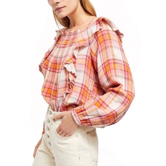 NWT Free People Siena Plaid Smocked Pullover Top In Pink/Orange - Picture 4 of 9